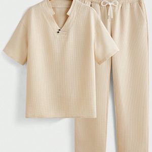 Manfinity KASUA Men’s Summer Solid Color Notched V-Neck Short Sleeve Shirt And Pants Casual Loose Outfit