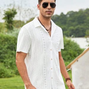Manfinity KASUA Men Eyelet Embroidery Button Up Short Sleeve Collar Plain White Boho Shirt For Dad & Boyfriend Gift