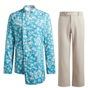 Manfinity KASUA Men’s Full Floral Print Asymmetrical Hem Single-Breasted Suit Jacket And Straight Leg Pants Set