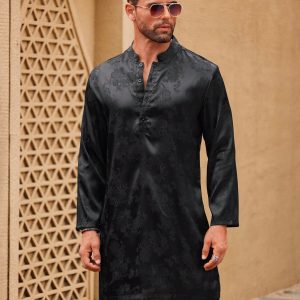 Manfinity KASUA Men’s Spring/Summer Floral Jacquard Button-Up Shirt With Half Placket And Long Sleeves