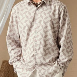 Manfinity KASUA Men Spring/Summer Geometric Printed Long Sleeve Casual Loose Shirt