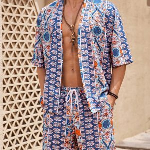 Manfinity KASUA Men’s Retro Printed Short Sleeve Shirt & Shorts Set