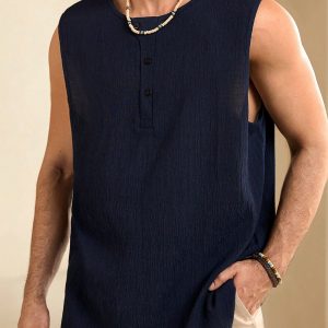 Manfinity KASUA Men’s Summer Solid Color Button Half-Placket Loose Fit Tank Top