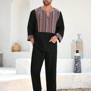 Manfinity KASUA 2pcs/Set Retro Print Long Sleeve Pullover Shirt Set