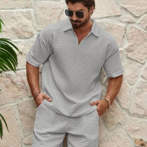 Manfinity KASUA Men’s Textured Short-Sleeve Top And Shorts Set, Summer 2pcs