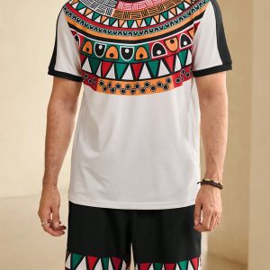 Manfinity KASUA Men’s Summer Geometric Print Round Neck Short Sleeve Casual T-Shirt And Drawstring Waist Shorts Set