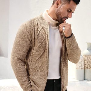 Manfinity KASUA Men’s Geometric Textured Long Sleeve Casual Zip-Up Knit Cardigan, Autumn/Winter