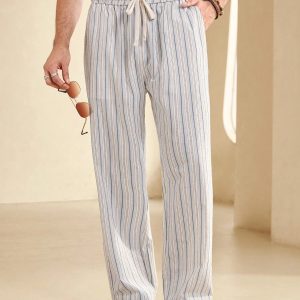Manfinity KASUA Men’s Striped Belted Straight Wide Leg Casual Pants