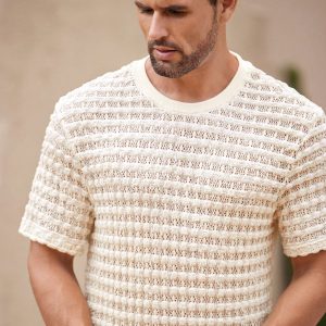 Manfinity KASUA Men’s Solid Color Textured Crew Neck Hollow Out Short Sleeve T-Shirt