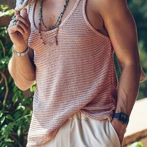 Manfinity KASUA Men’s Waffle Knit Grid And Letter Printing Back Tank Top , Sleeveless Rave Outfit Plain Light Pink Vacation Beach Preppy