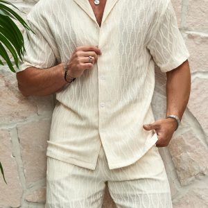 Manfinity KASUA Men’s Monochrome Short Sleeve Top And Shorts Two Piece Set With Single Breasted Closure , Going Out , Husband , Rave Outfit , Plain , Casual