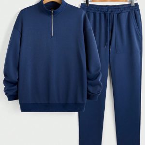 Manfinity KASUA Men’s Solid Color Dropped Shoulder Long Sleeve Half-Placket Sweatshirt And Sweatpants Loose Set, Autumn Winter