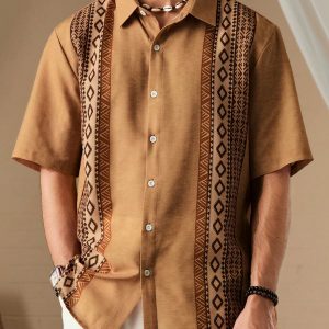 Manfinity KASUA Men Summer Holiday Geometric Printed Short Sleeve Casual Loose Shirt Button Up Collar Graphic Color Block Vacation Shirt