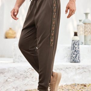 Manfinity KASUA Men’s Brown Patchwork Webbing Drawstring Waist Casual Sweatpants