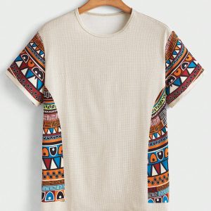 Manfinity KASUA Men Geometric Print Round Neck Short Sleeve Holiday Casual T-Shirt For Summer