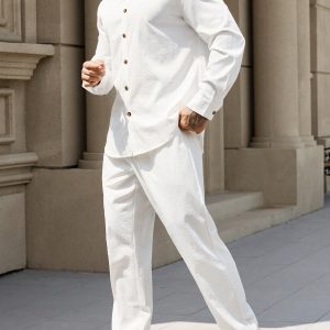 Manfinity KASUA Men’s Solid Color Button-Up Shirt And Pants Suit, Minimalist