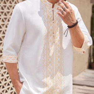 Manfinity KASUA Men’s Geometric Print Stand Collar Shirt And Pocket Shorts Casual 2-Piece Set