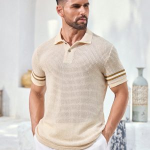 Manfinity KASUA Men’s Knitted Polo Shirt With Striped Cuffs, Soft And Breathable With Button Closure