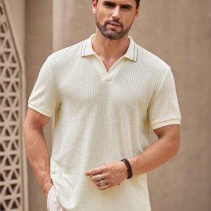 Manfinity KASUA Men’s White V-Neck Polo Shirt, Striped Collar